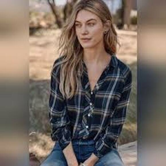 J.Jill Brushed Cotton Modal Blend Bias Trim Plaids Blue Button up Shirt M - Picture 11 of 12